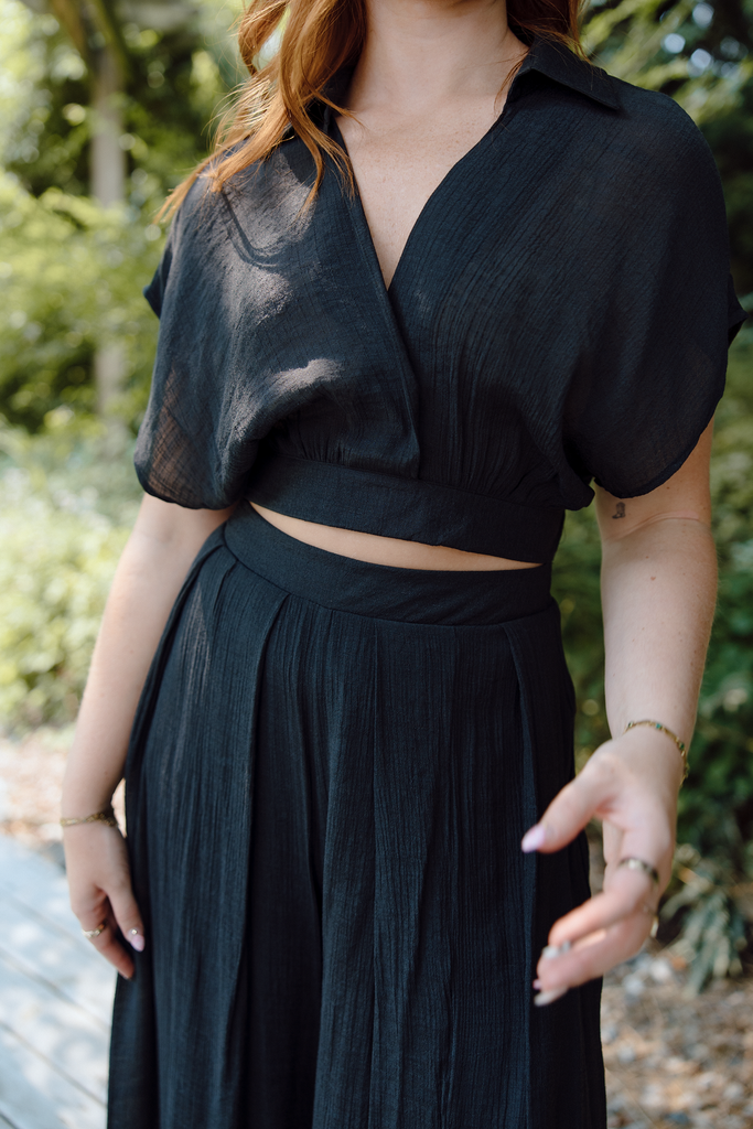 Drape Top with Flowy Pant Set - Black