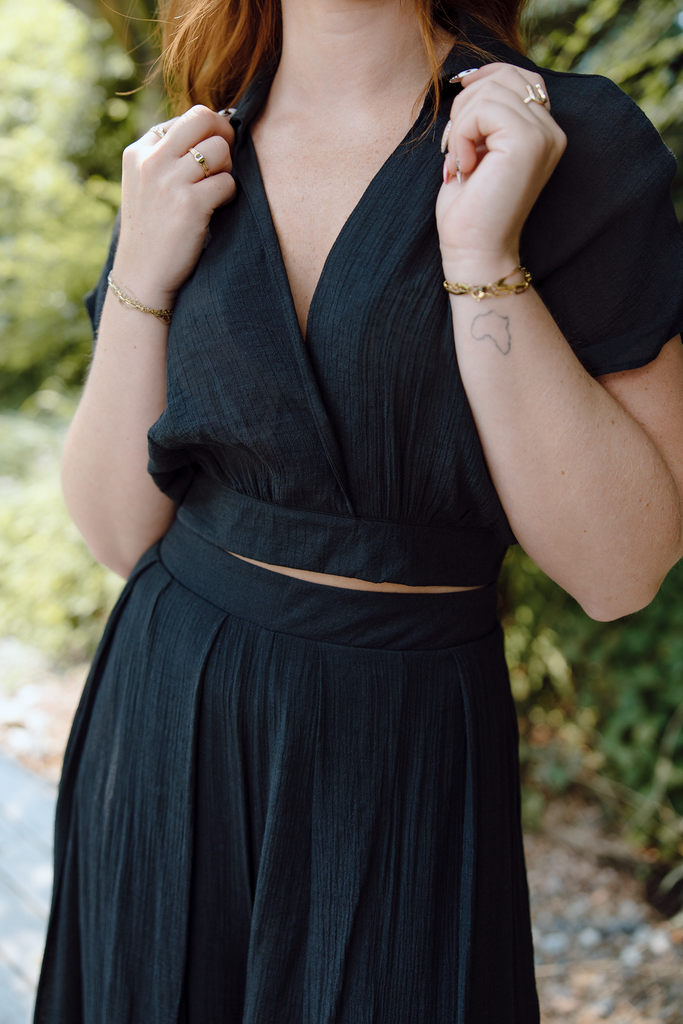 Drape Top with Flowy Pant Set - Black