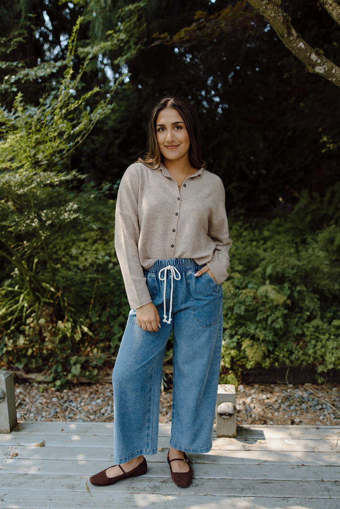 Drawstring Washed Wide Leg Pant - Denim