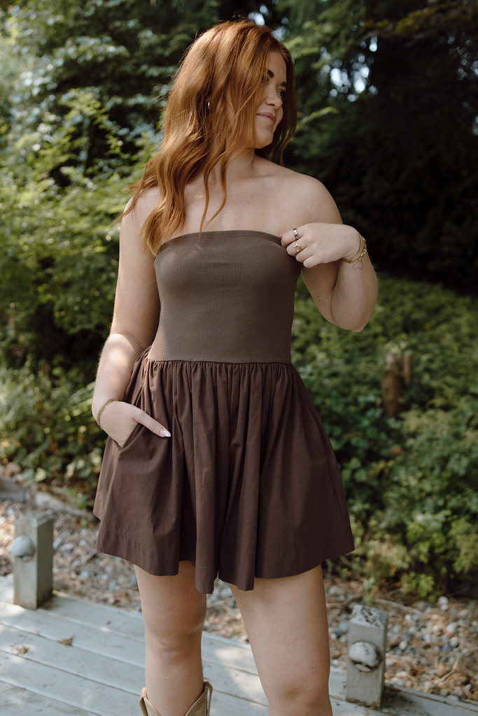 Strapless Mixed Material Dress - Brown