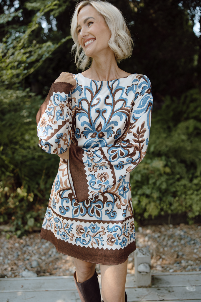 Border Print Shift Dress - Brown/Blue