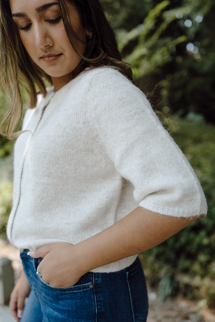 3/4 Sleeve Button Up Cardi - Oat