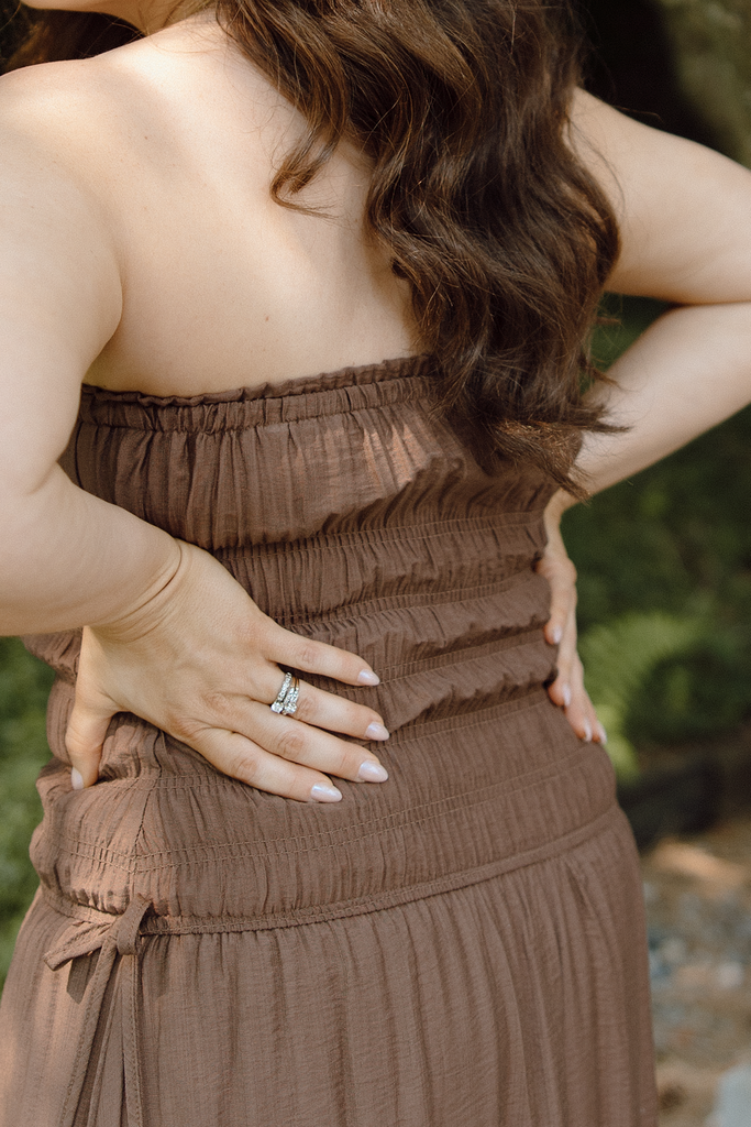 Strapless Shirred Midi Dress - Brown