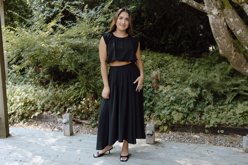 Bubble Top & Midi Skirt Set - Black