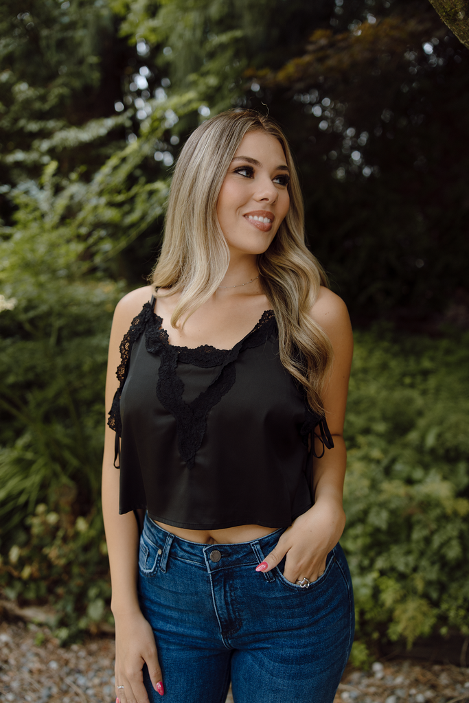 Lace Tank with Side Tie - Black