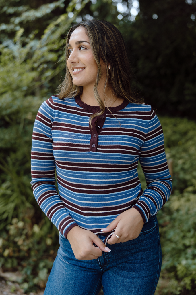 Striped Button Knit - Blue/Burgundy