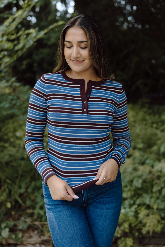 Striped Button Knit - Blue/Burgundy