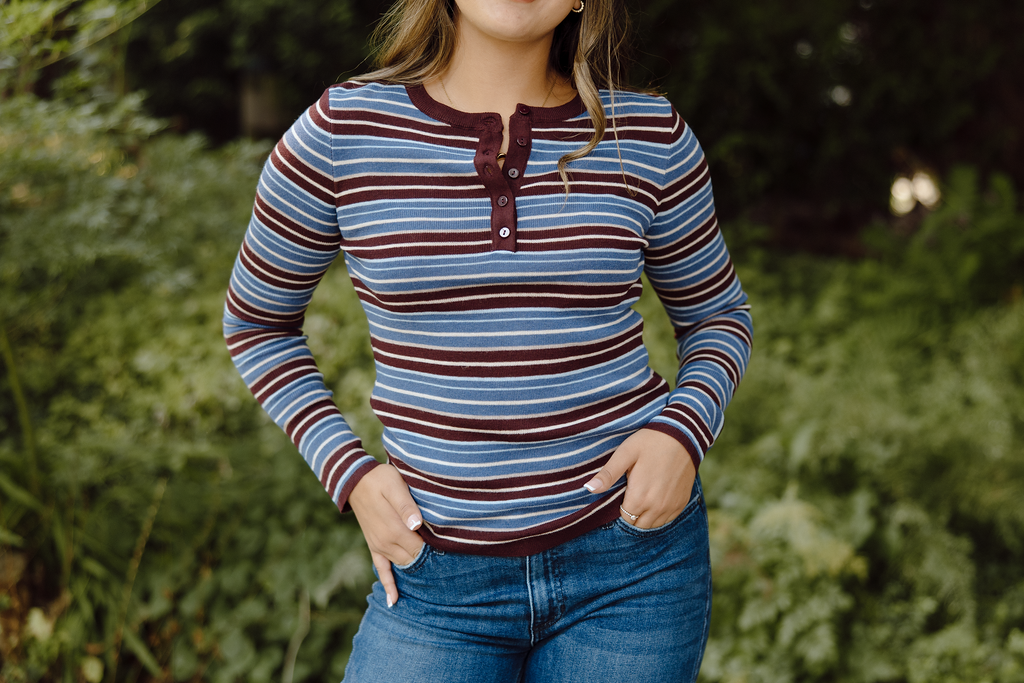 Striped Button Knit - Blue/Burgundy