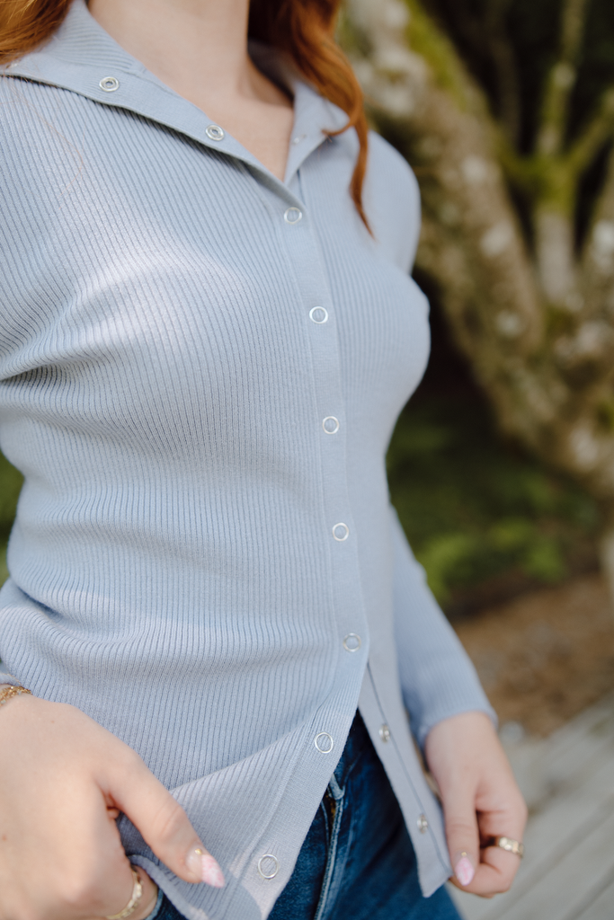 Snap Button Ribbed Sweater - Dusty Blue