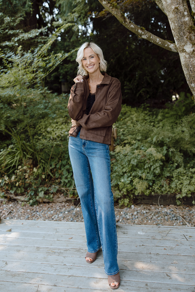 Faux Suede Button Up Jacket - Chestnut