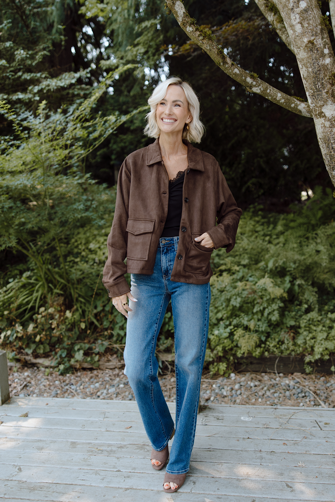 Faux Suede Button Up Jacket - Chestnut
