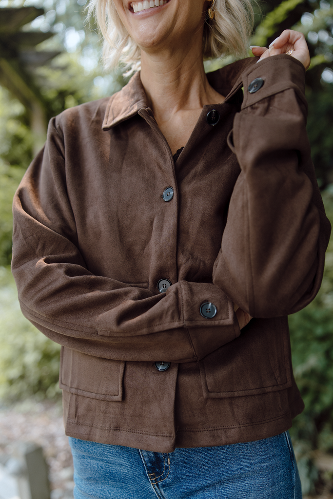 Faux Suede Button Up Jacket - Chestnut