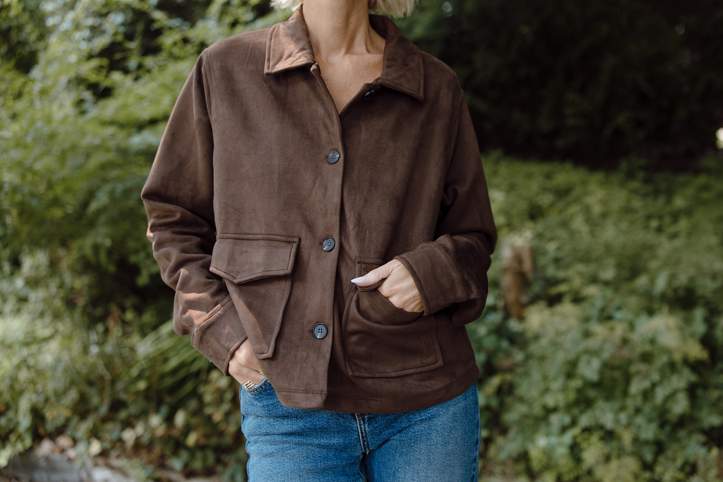 Faux Suede Button Up Jacket - Chestnut
