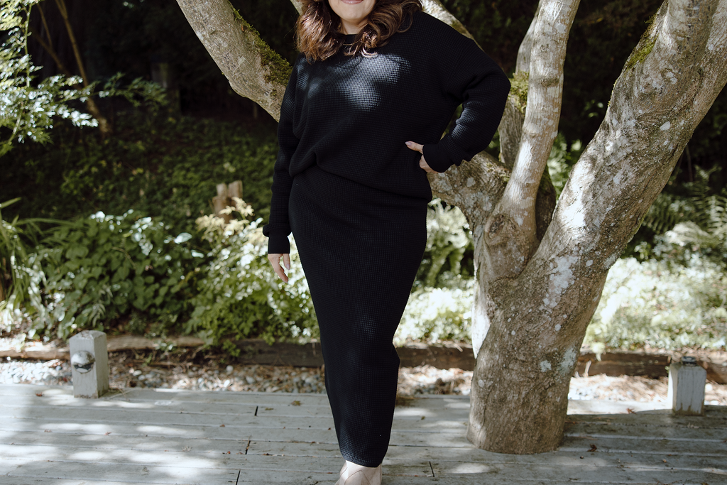 Waffle Sweater & Skirt Set - Black