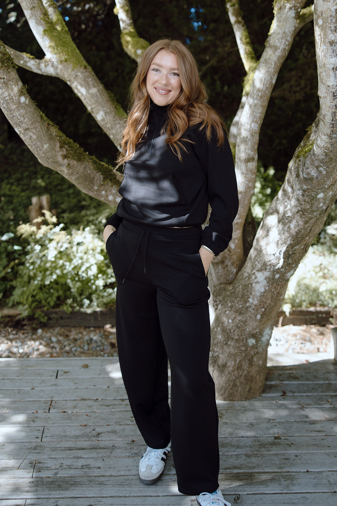 3/4 Zip Butter Soft Barrel Pant Set - Black