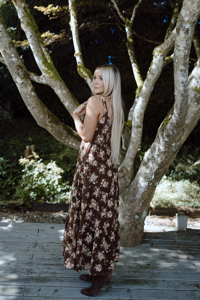 Floral Midi Dress with Front Ties - Brown