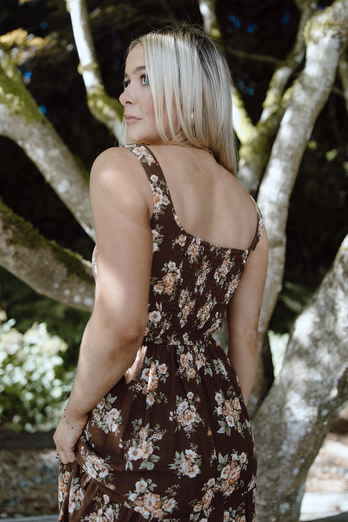 Floral Midi Dress with Front Ties - Brown
