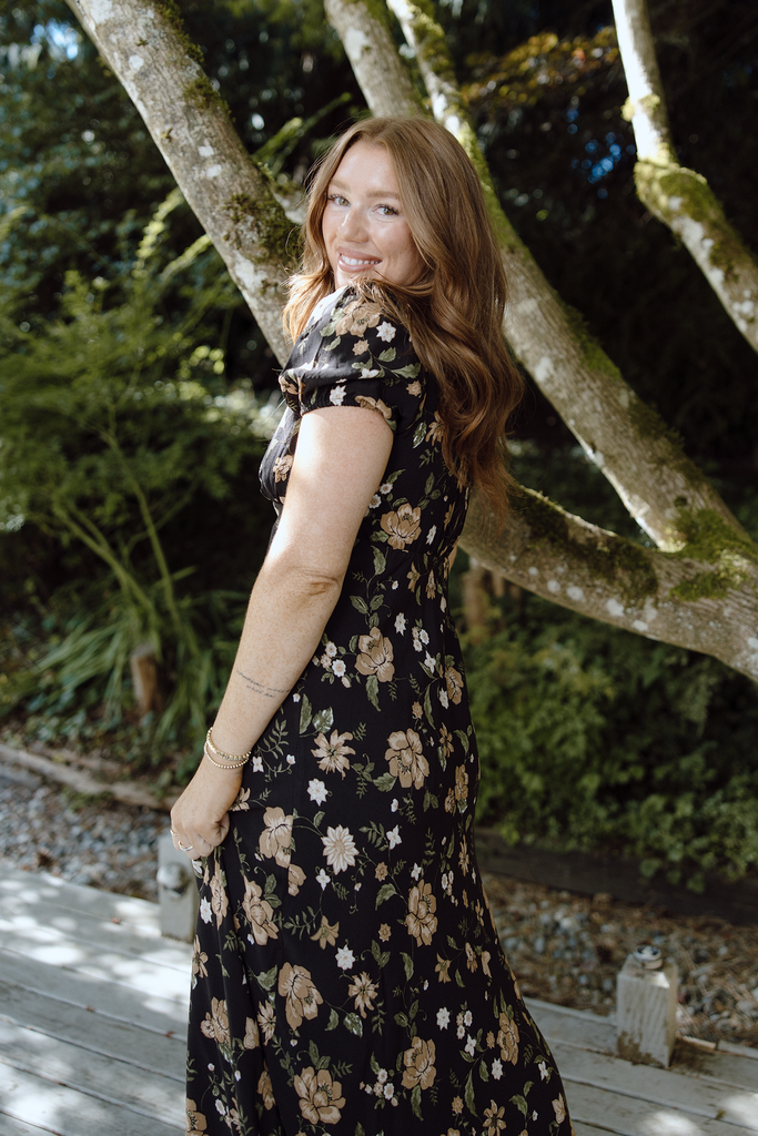 Fall Floral Midi Dress - Black