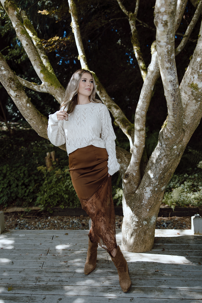 Asymmetrical Lace Trim Skirt - Brown