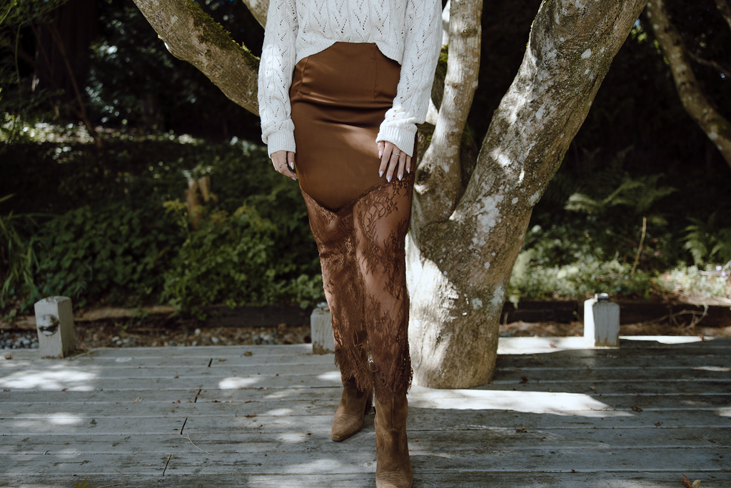 Asymmetrical Lace Trim Skirt - Brown