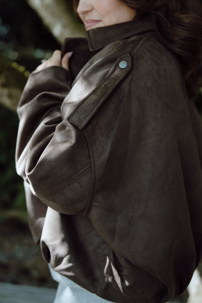 Faux Suede Collared Jacket - Brown