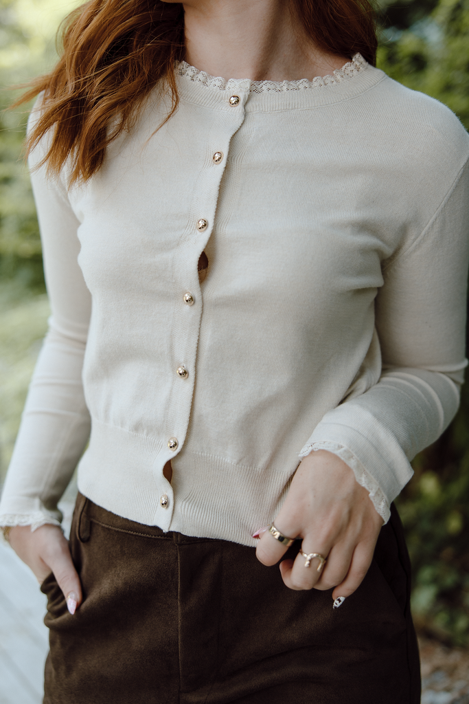 Cardigan With Frill Lace Trim - Ivory