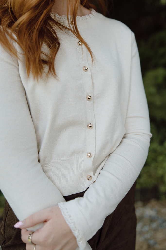 Cardigan With Frill Lace Trim - Ivory