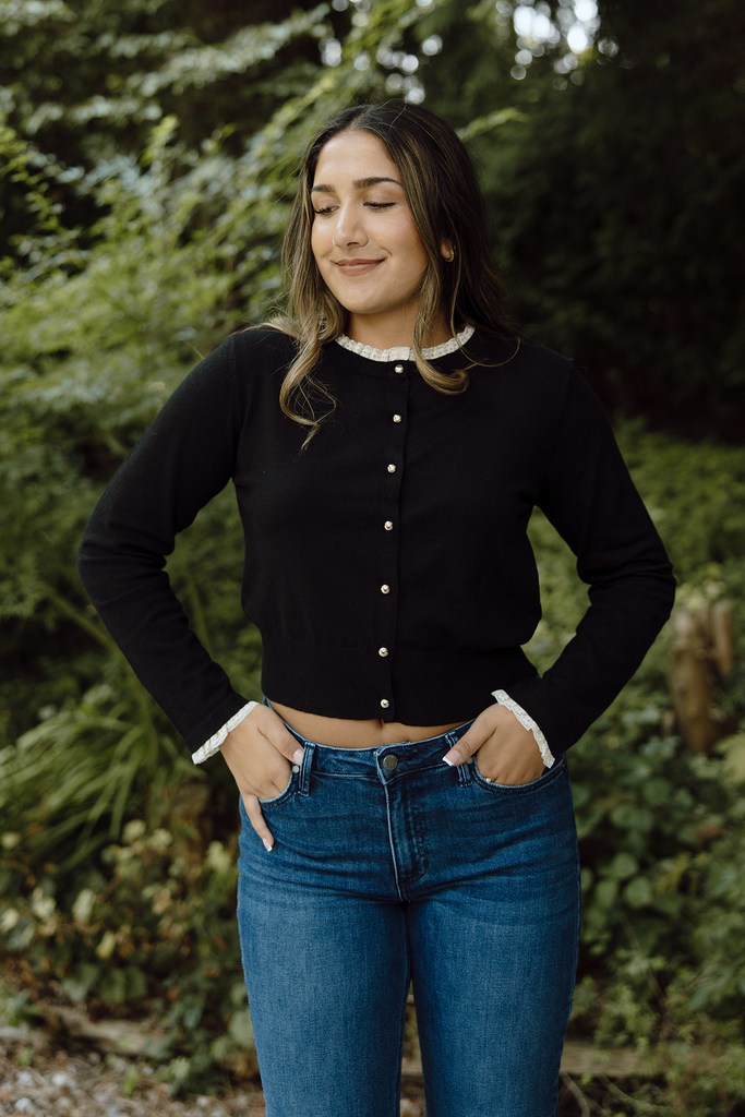 Cardigan With Frill Lace Trim - Black