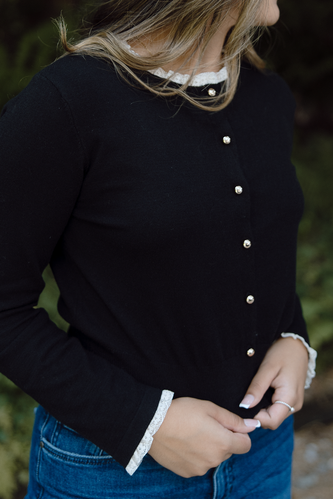 Cardigan With Frill Lace Trim - Black
