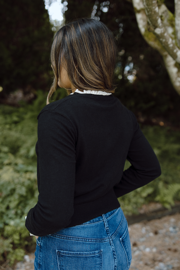 Cardigan With Frill Lace Trim - Black