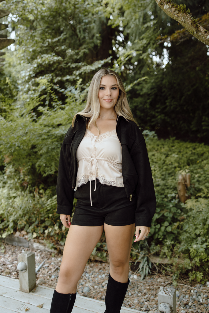 Faux Suede Utility Bomber - Black