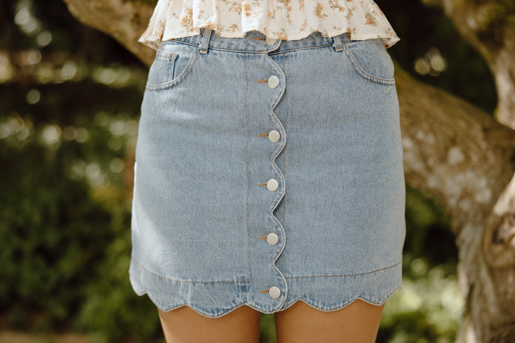 Scalloped Denim Skirt - Blue
