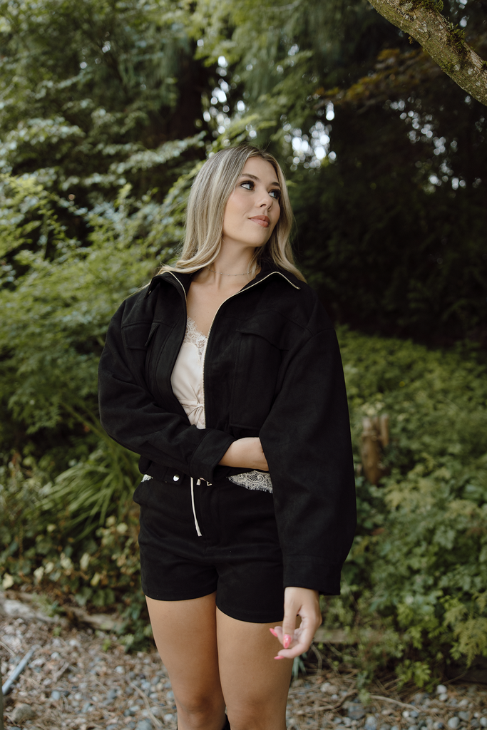 Faux Suede Utility Bomber - Black
