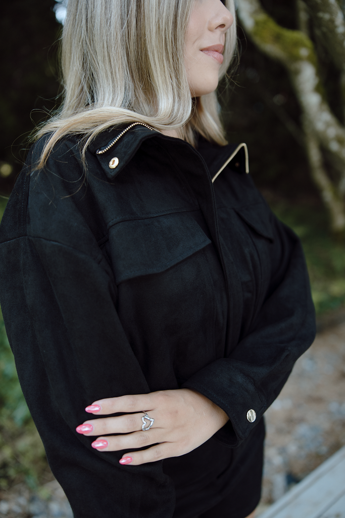 Faux Suede Utility Bomber - Black