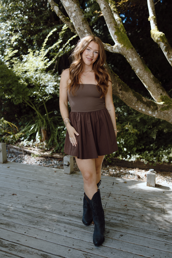 Strapless Mixed Material Dress - Brown