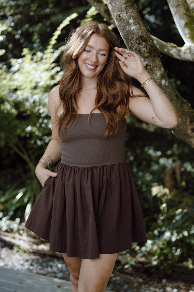 Strapless Mixed Material Dress - Brown