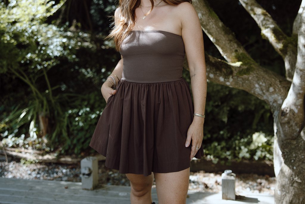 Strapless Mixed Material Dress - Brown