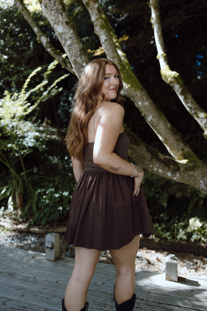 Strapless Mixed Material Dress - Brown