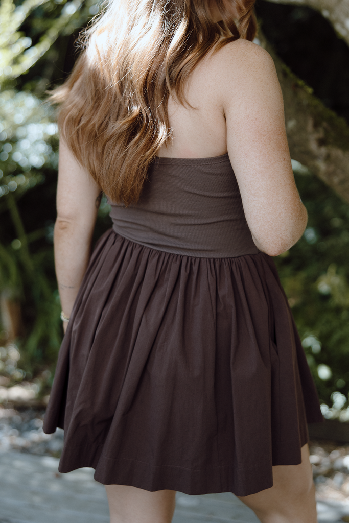 Strapless Mixed Material Dress - Brown