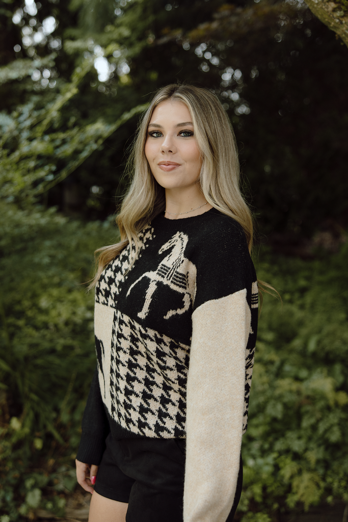 Horse Print Sweater - Black/Taupe