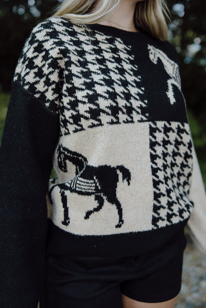Horse Print Sweater - Black/Taupe