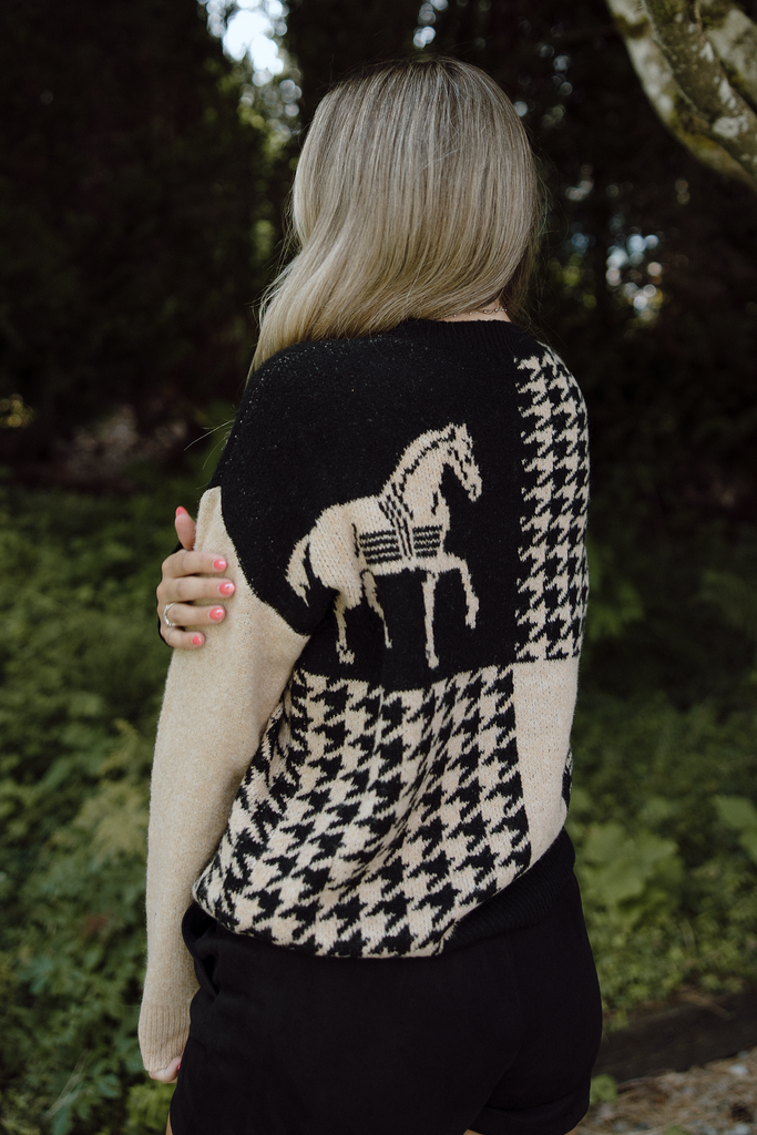 Horse Print Sweater - Black/Taupe