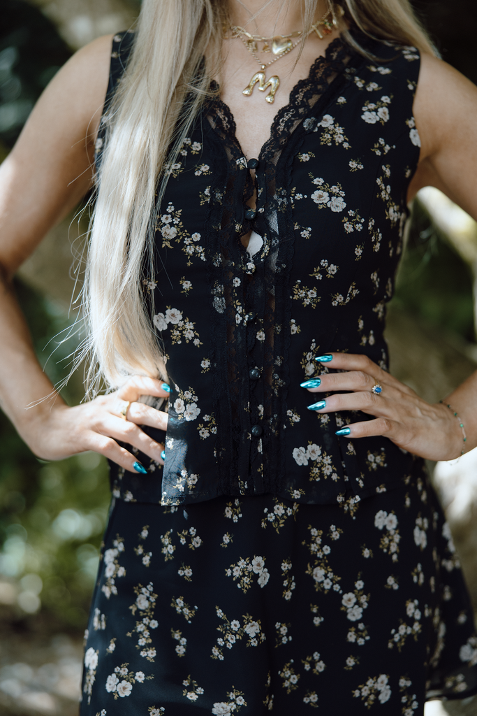 Floral Shirt And Mini Skirt Set - Black