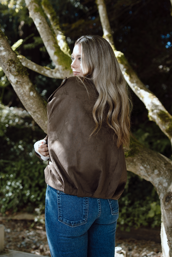 Faux Suede Collared Jacket - Brown