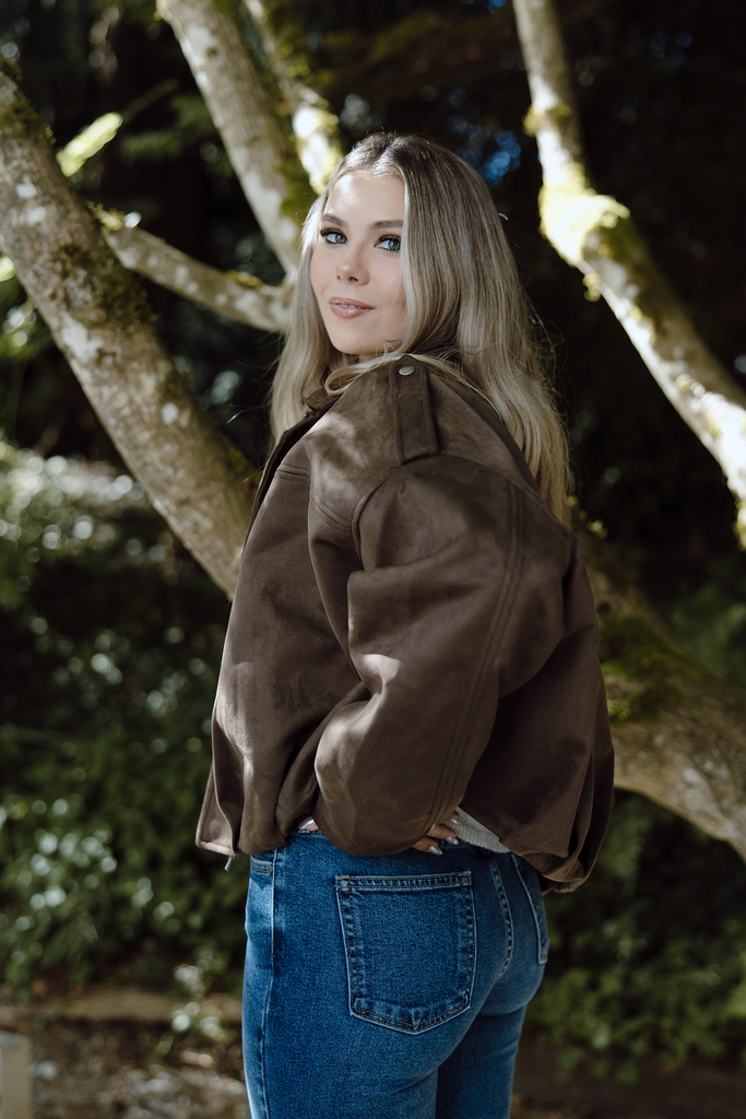 Faux Suede Collared Jacket - Brown