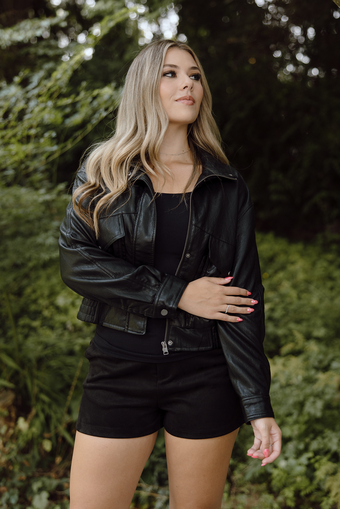 Faux Leather Bomber - Black