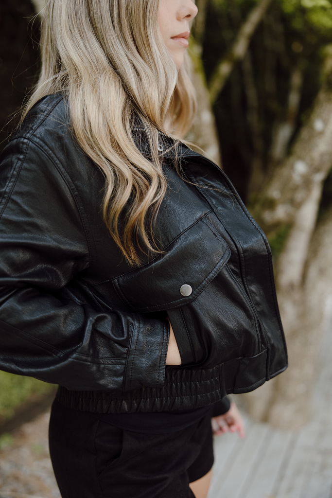 Faux Leather Bomber - Black