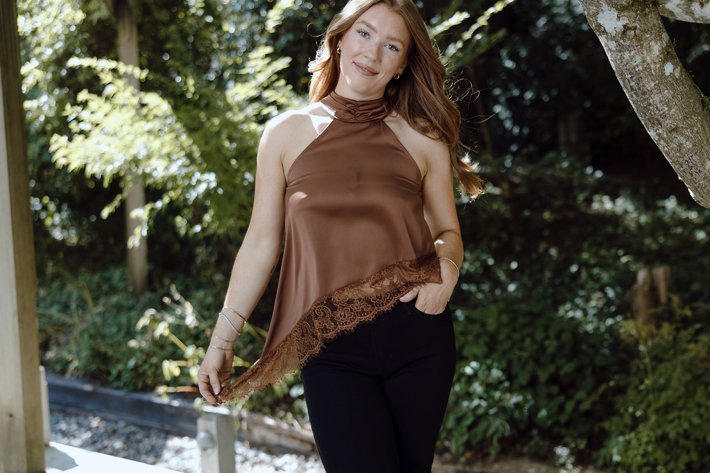 Asymmetrical Lace Halter Top - Brown