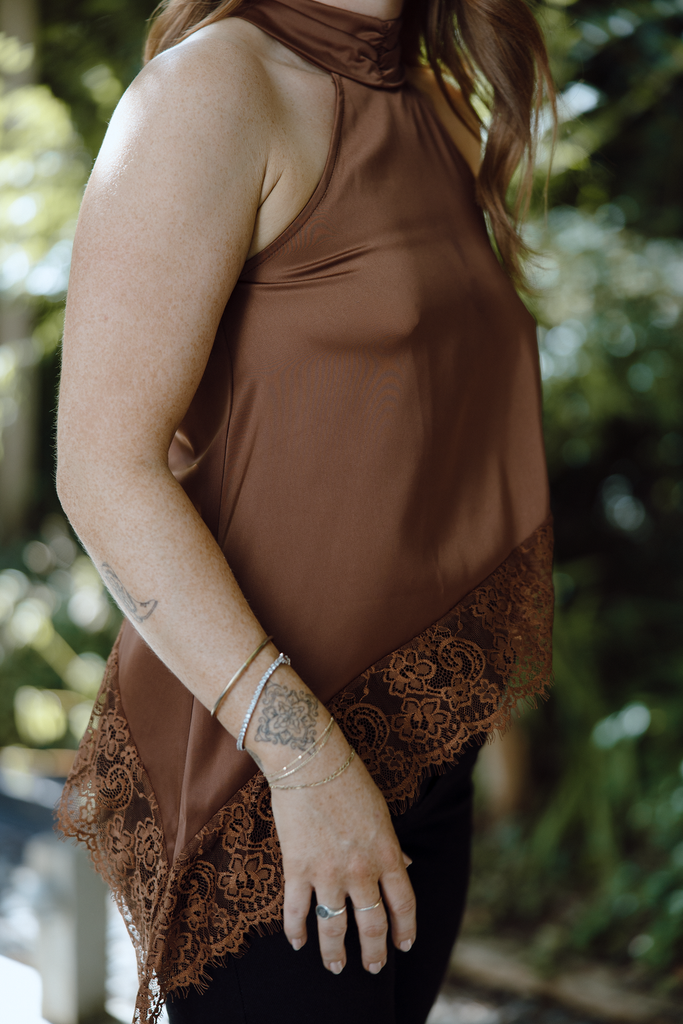 Asymmetrical Lace Halter Top - Brown