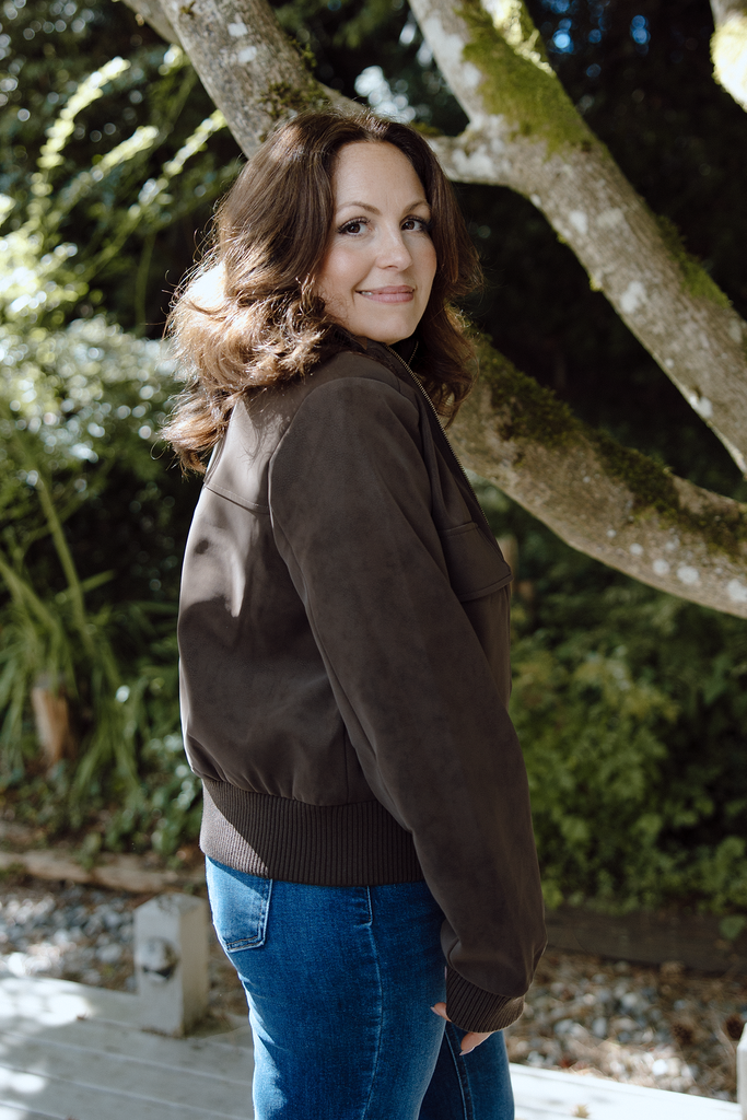 Rib Collar Faux Suede Jacket - Brown
